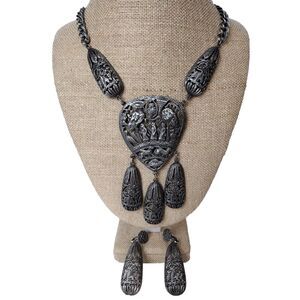 Vintage Hobe Egyptian Ncklace and Earrings French Pewter W/Hobe Tag Thoth Anubis